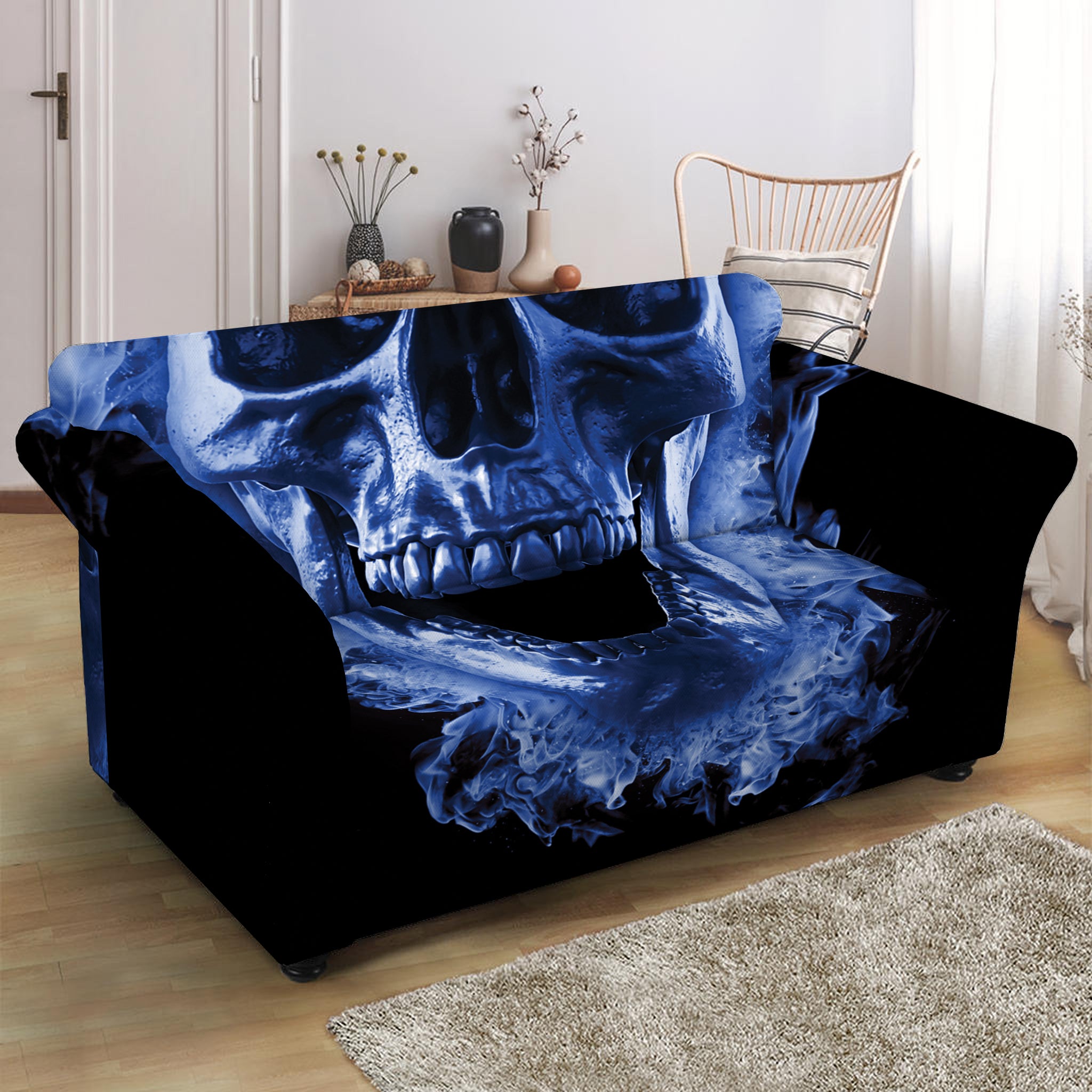 Blue Flaming Skull Print Loveseat Slipcover