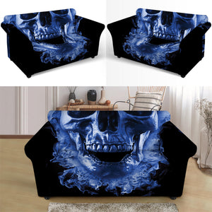 Blue Flaming Skull Print Loveseat Slipcover