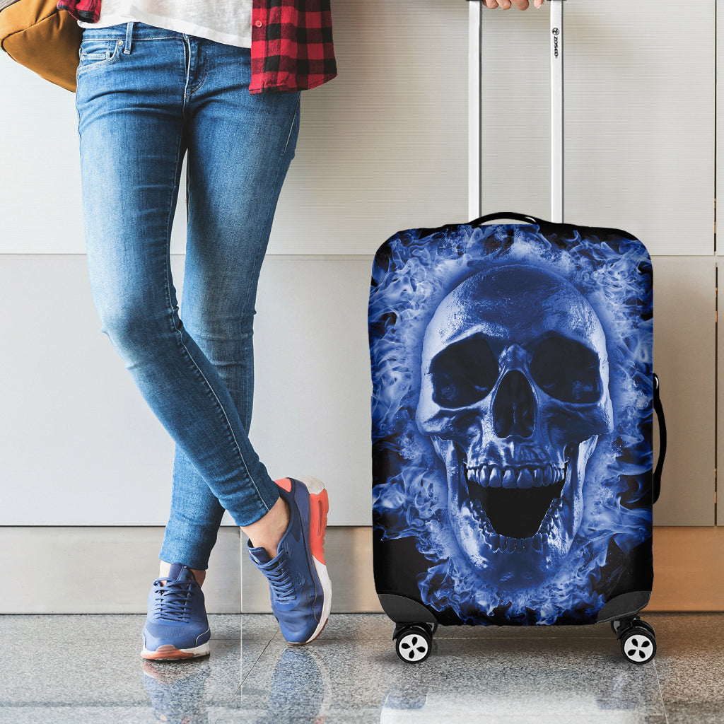 Blue Flaming Skull Print Luggage Cover