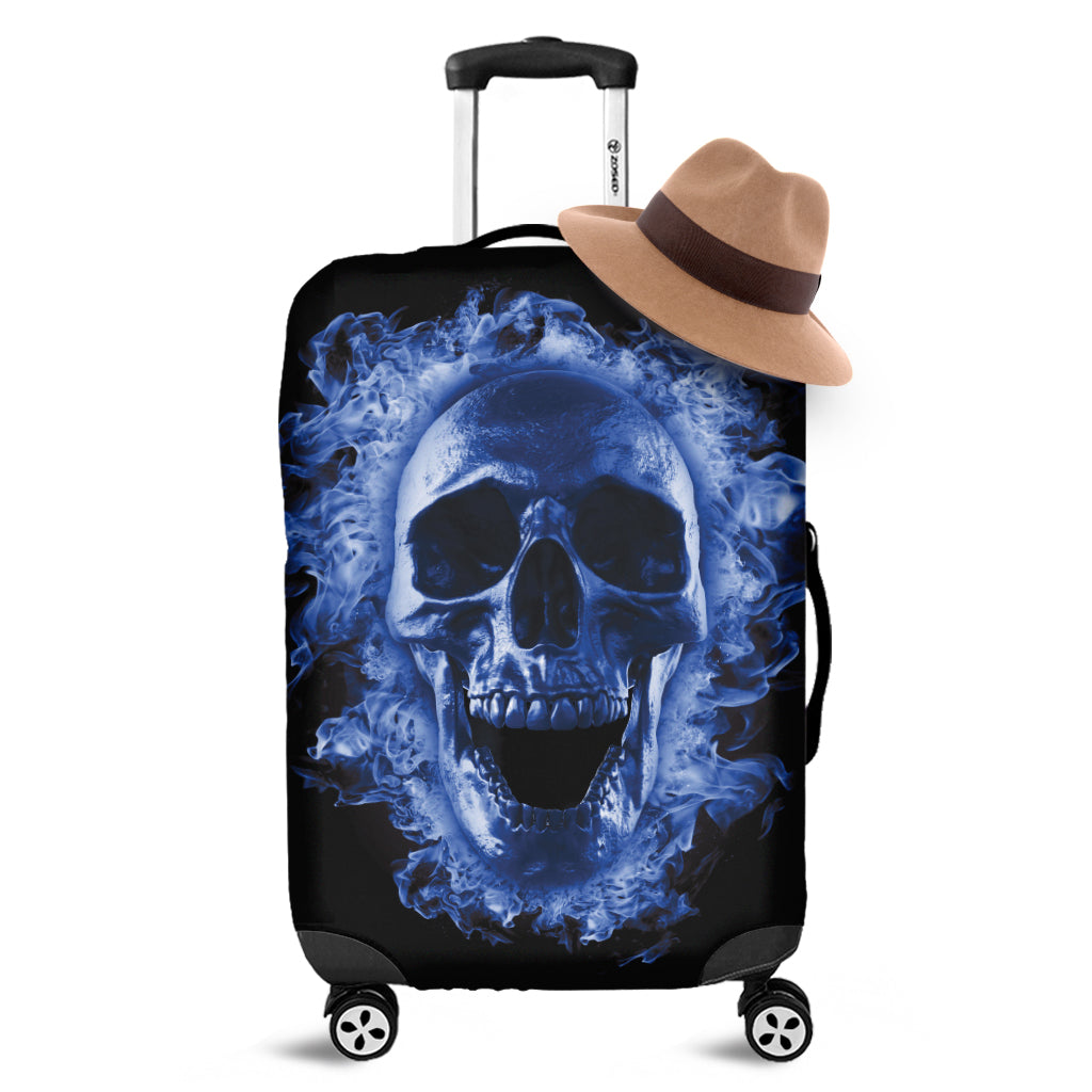 Blue Flaming Skull Print Luggage Cover