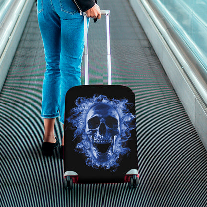 Blue Flaming Skull Print Luggage Cover