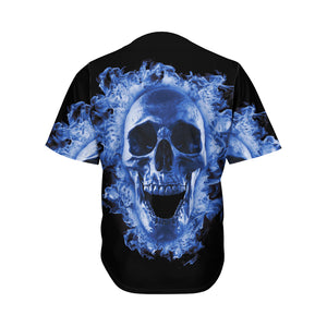 Blue Flaming Skull Print Men's Baseball Jersey