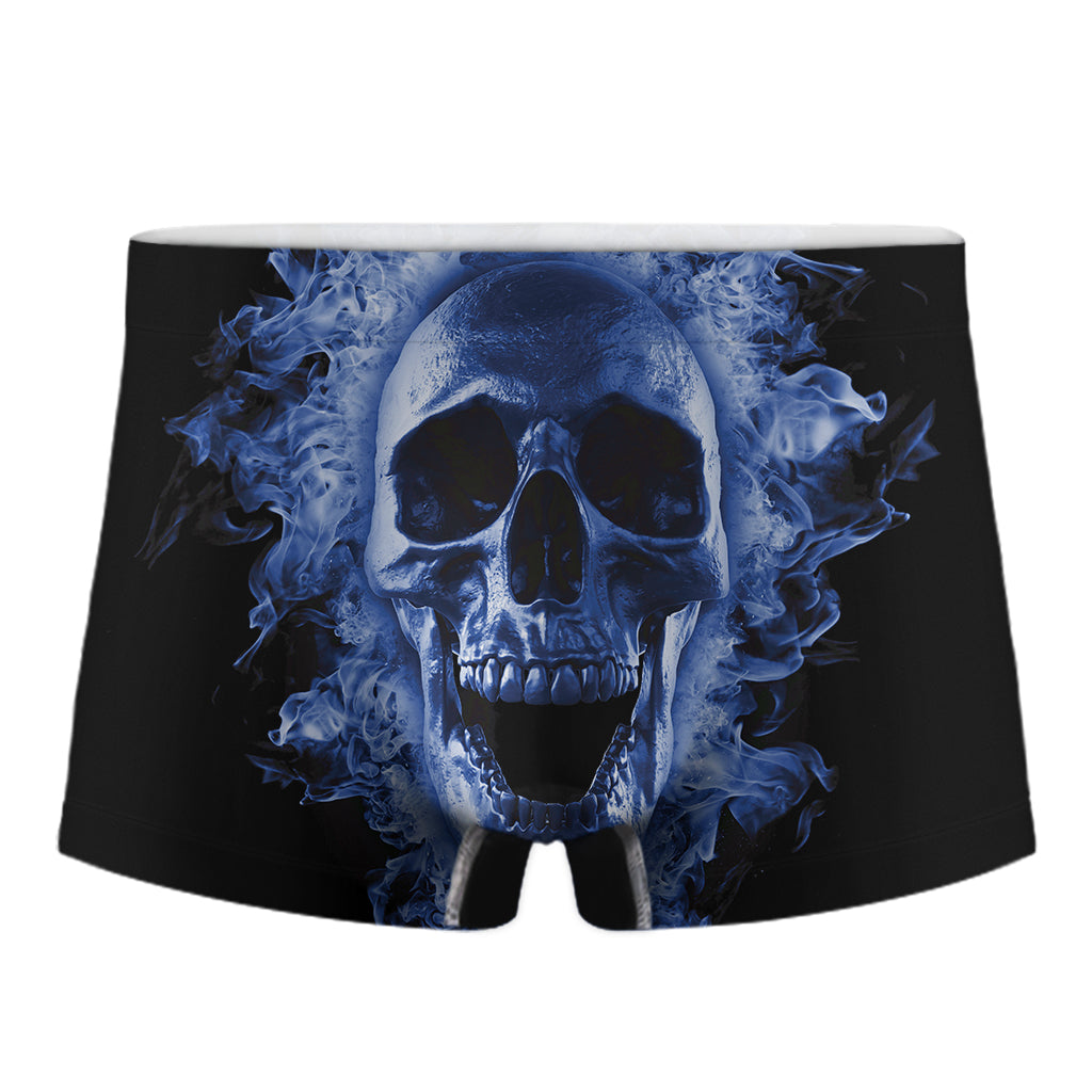 Blue Flaming Skull Print Men's Boxer Briefs