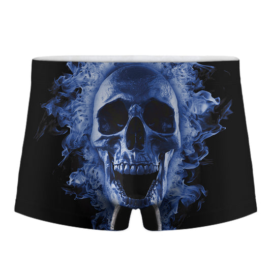 Blue Flaming Skull Print Men's Boxer Briefs