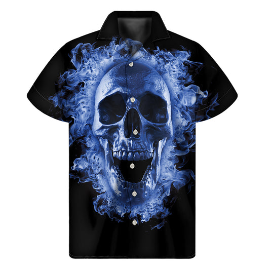 Blue Flaming Skull Print Men's Short Sleeve Shirt
