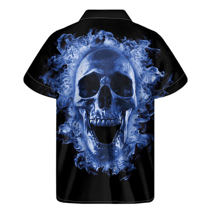 Blue Flaming Skull Print Men's Short Sleeve Shirt