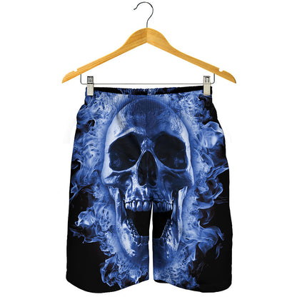 Blue Flaming Skull Print Men's Shorts