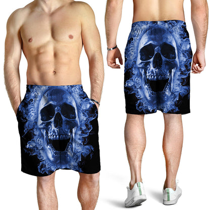 Blue Flaming Skull Print Men's Shorts
