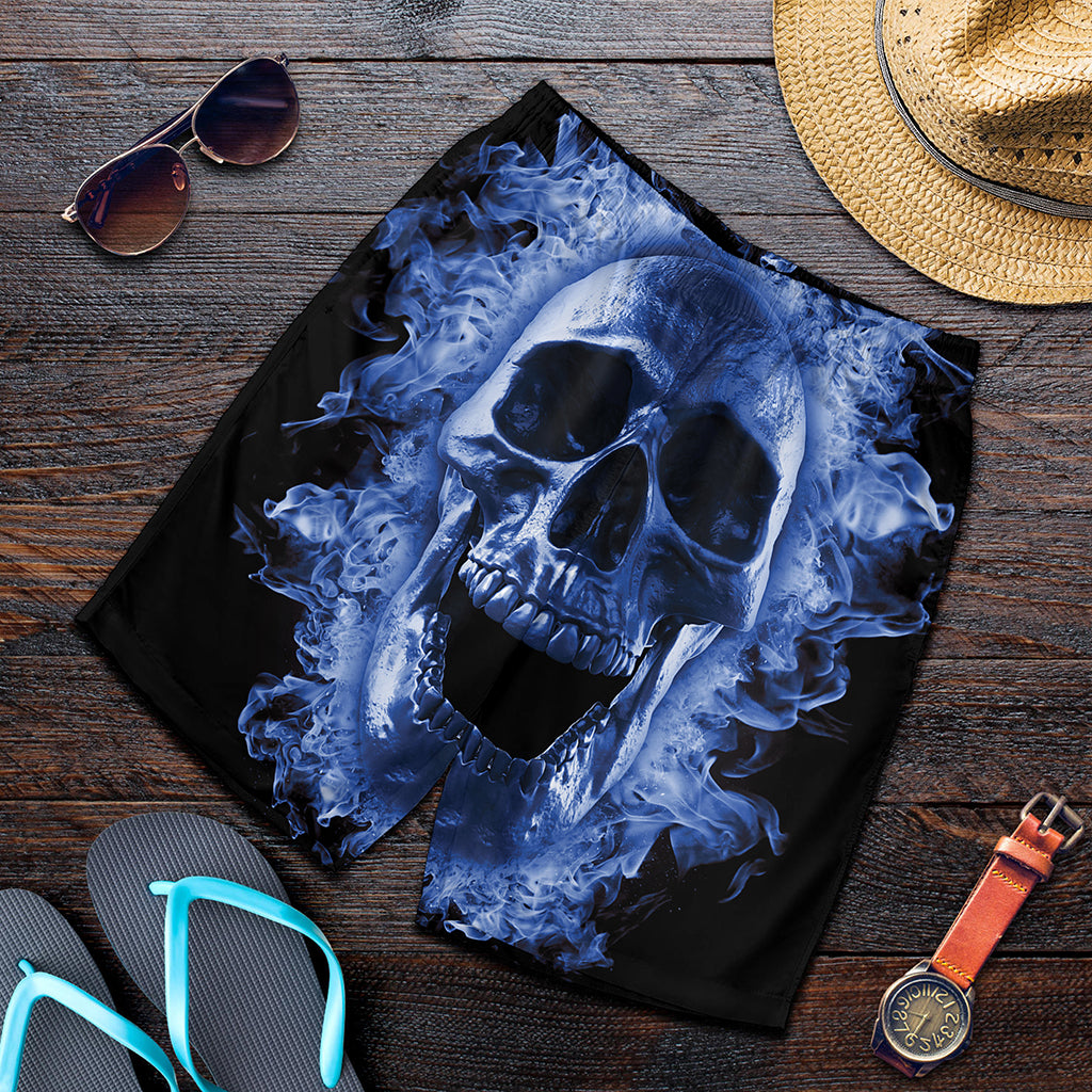 Blue Flaming Skull Print Men's Shorts