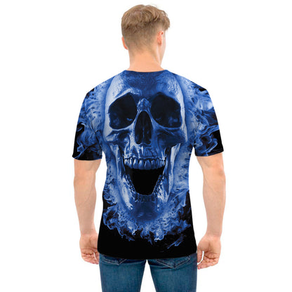 Blue Flaming Skull Print Men's T-Shirt