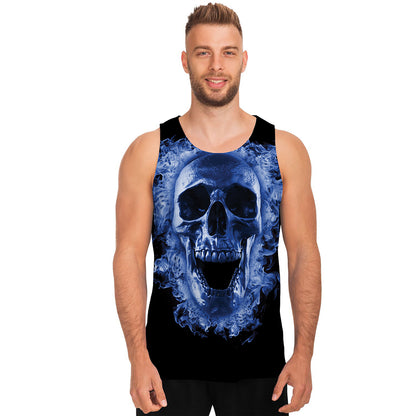 Blue Flaming Skull Print Men's Tank Top