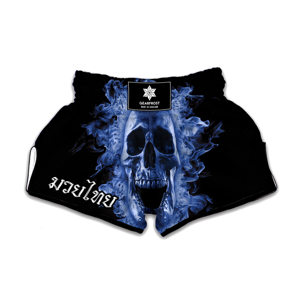 Blue Flaming Skull Print Muay Thai Boxing Shorts