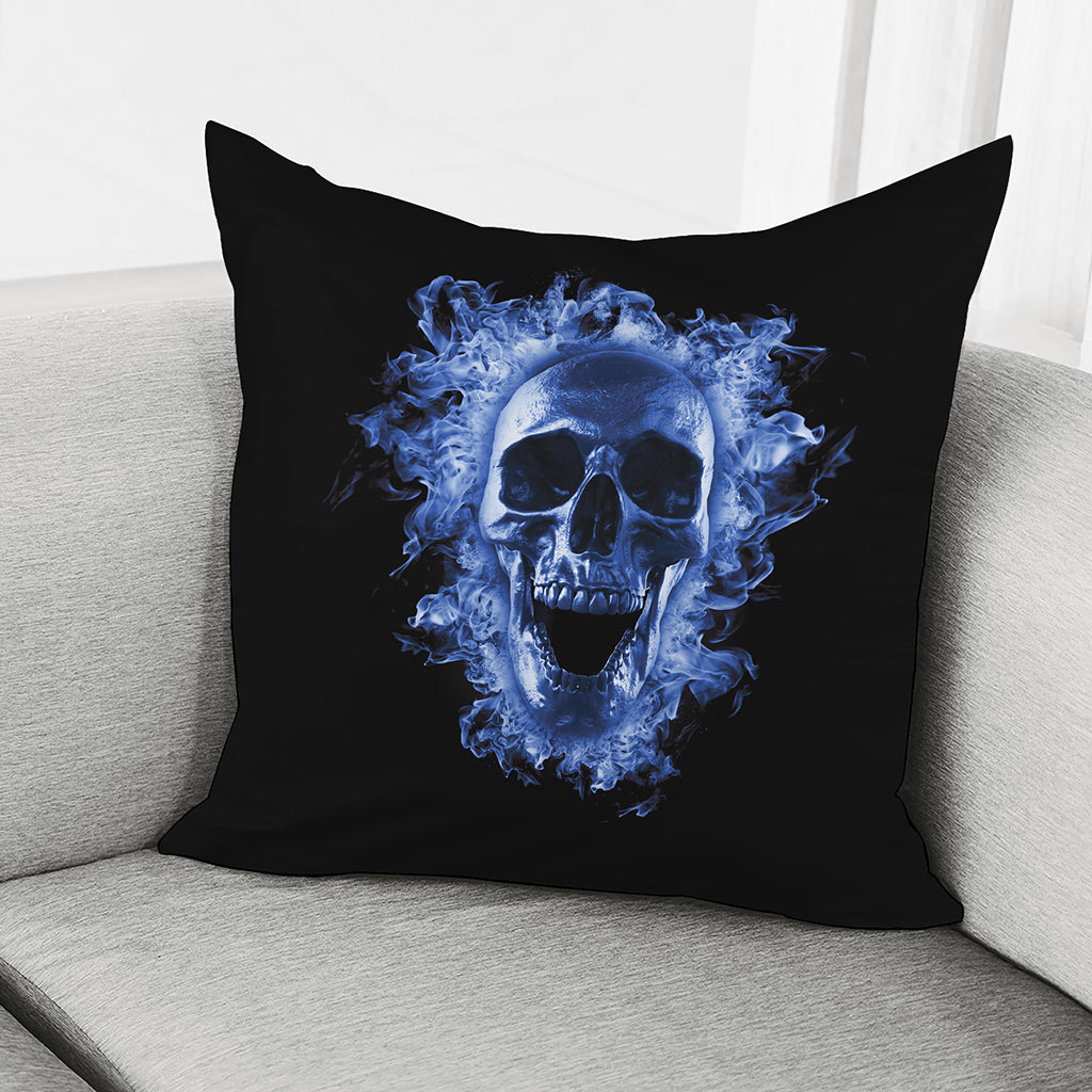 Blue Flaming Skull Print Pillow Cover