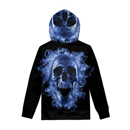 Blue Flaming Skull Print Pullover Hoodie