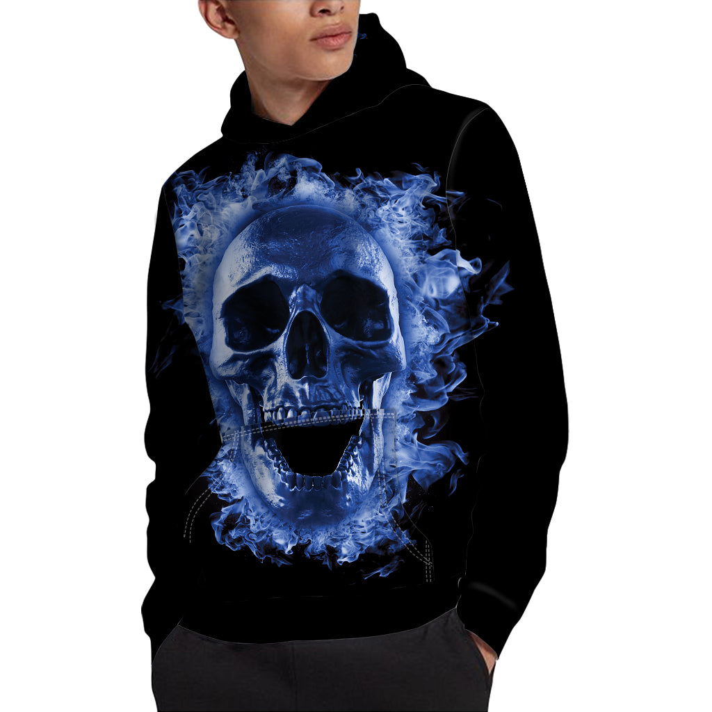 Blue Flaming Skull Print Pullover Hoodie