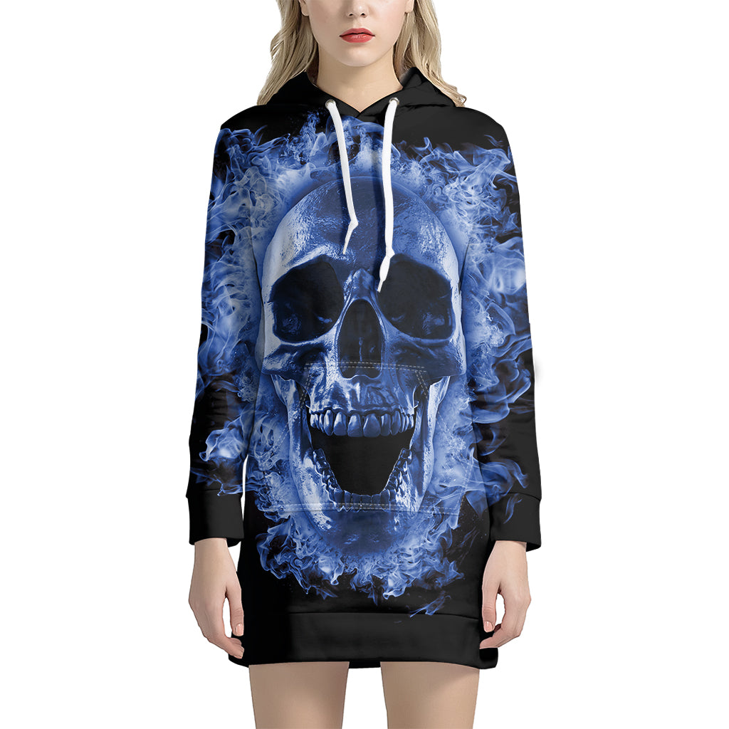 Blue Flaming Skull Print Pullover Hoodie Dress