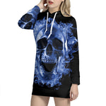 Blue Flaming Skull Print Pullover Hoodie Dress