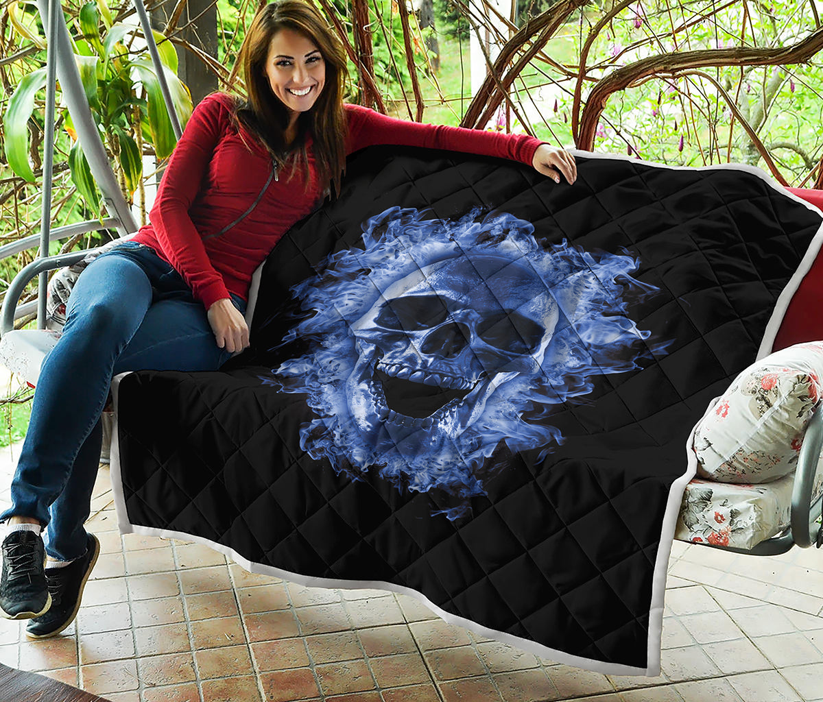 Blue Flaming Skull Print Quilt