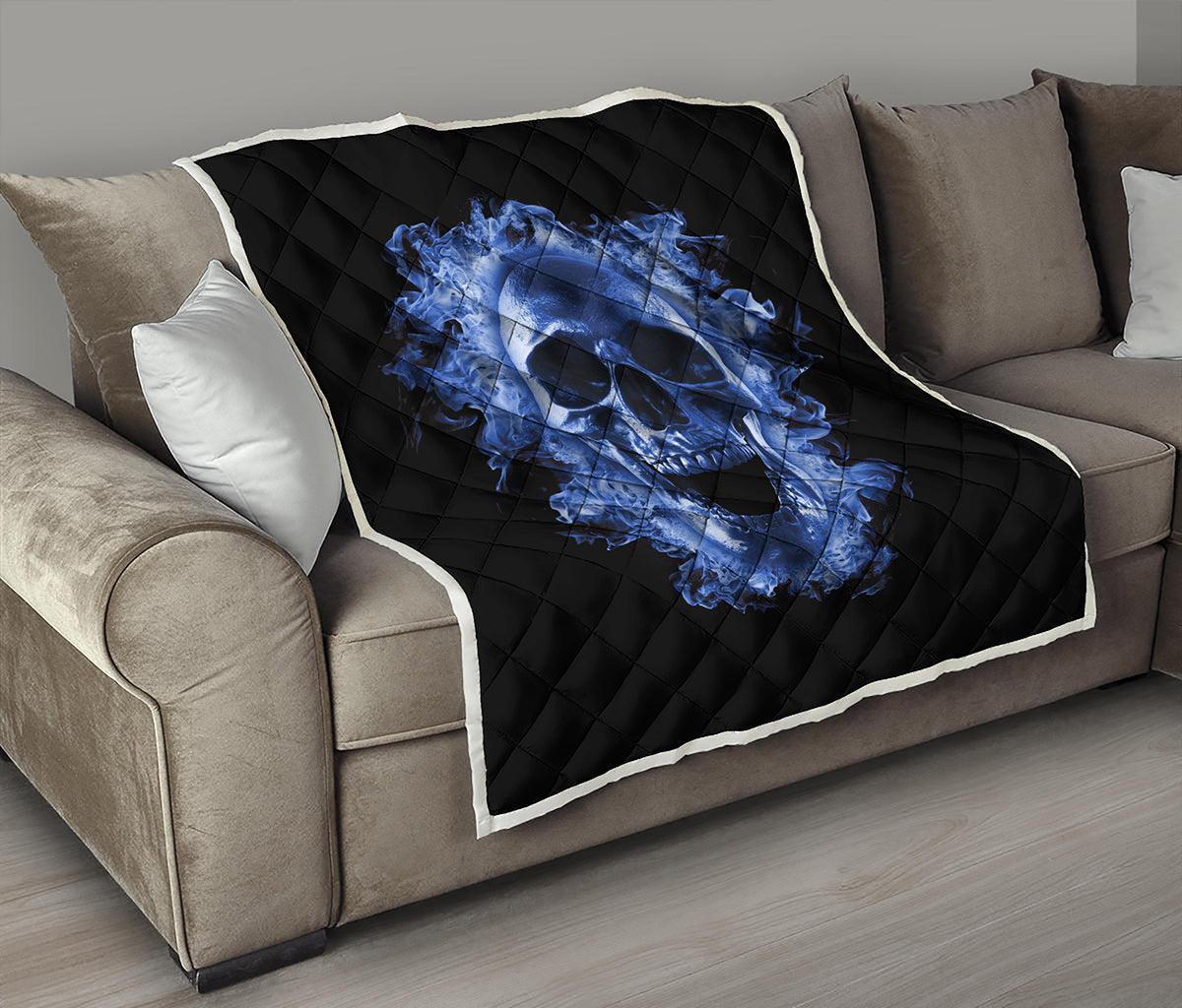 Blue Flaming Skull Print Quilt