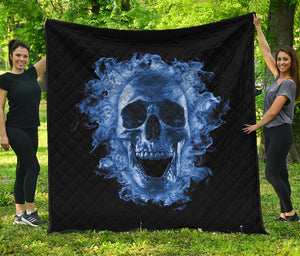 Blue Flaming Skull Print Quilt