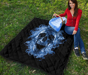 Blue Flaming Skull Print Quilt