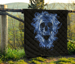 Blue Flaming Skull Print Quilt