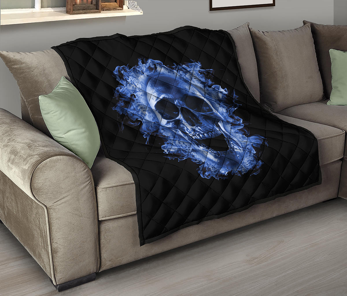 Blue Flaming Skull Print Quilt