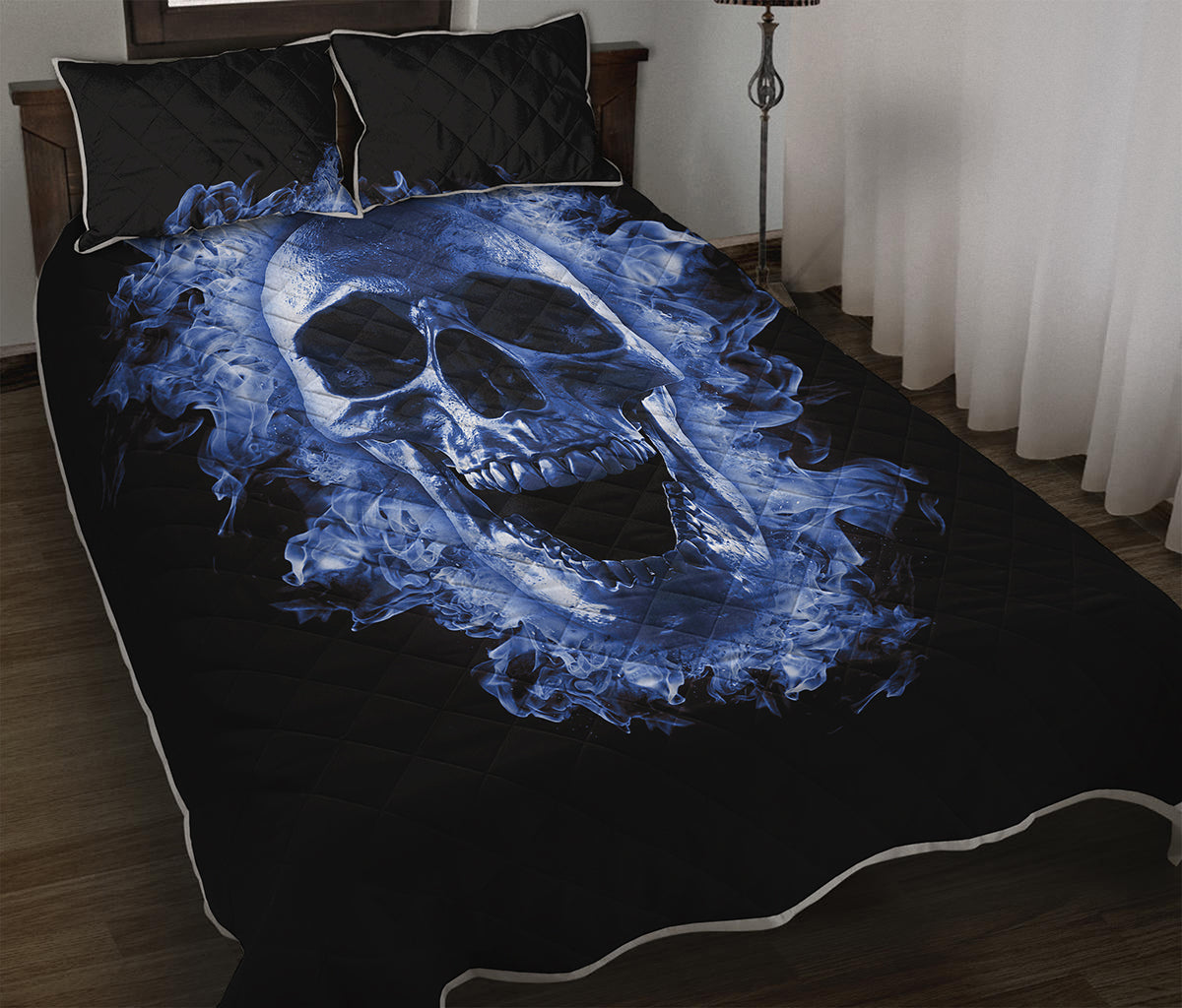 Blue Flaming Skull Print Quilt Bed Set