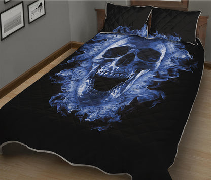 Blue Flaming Skull Print Quilt Bed Set