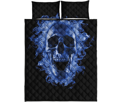 Blue Flaming Skull Print Quilt Bed Set