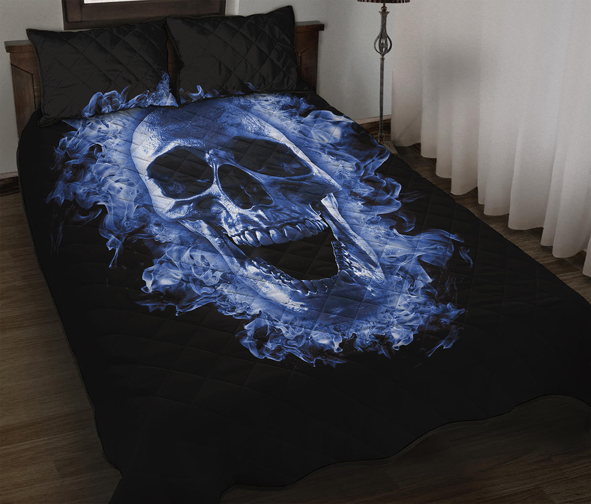 Blue Flaming Skull Print Quilt Bed Set