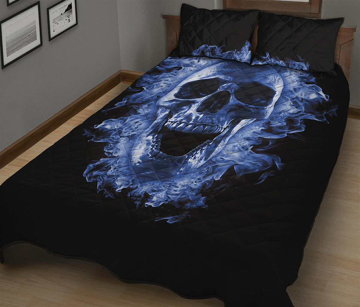 Blue Flaming Skull Print Quilt Bed Set
