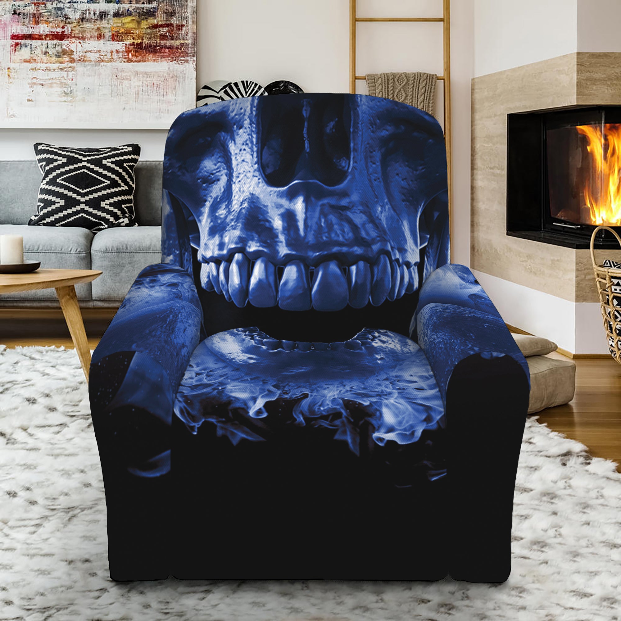 Blue Flaming Skull Print Recliner Slipcover