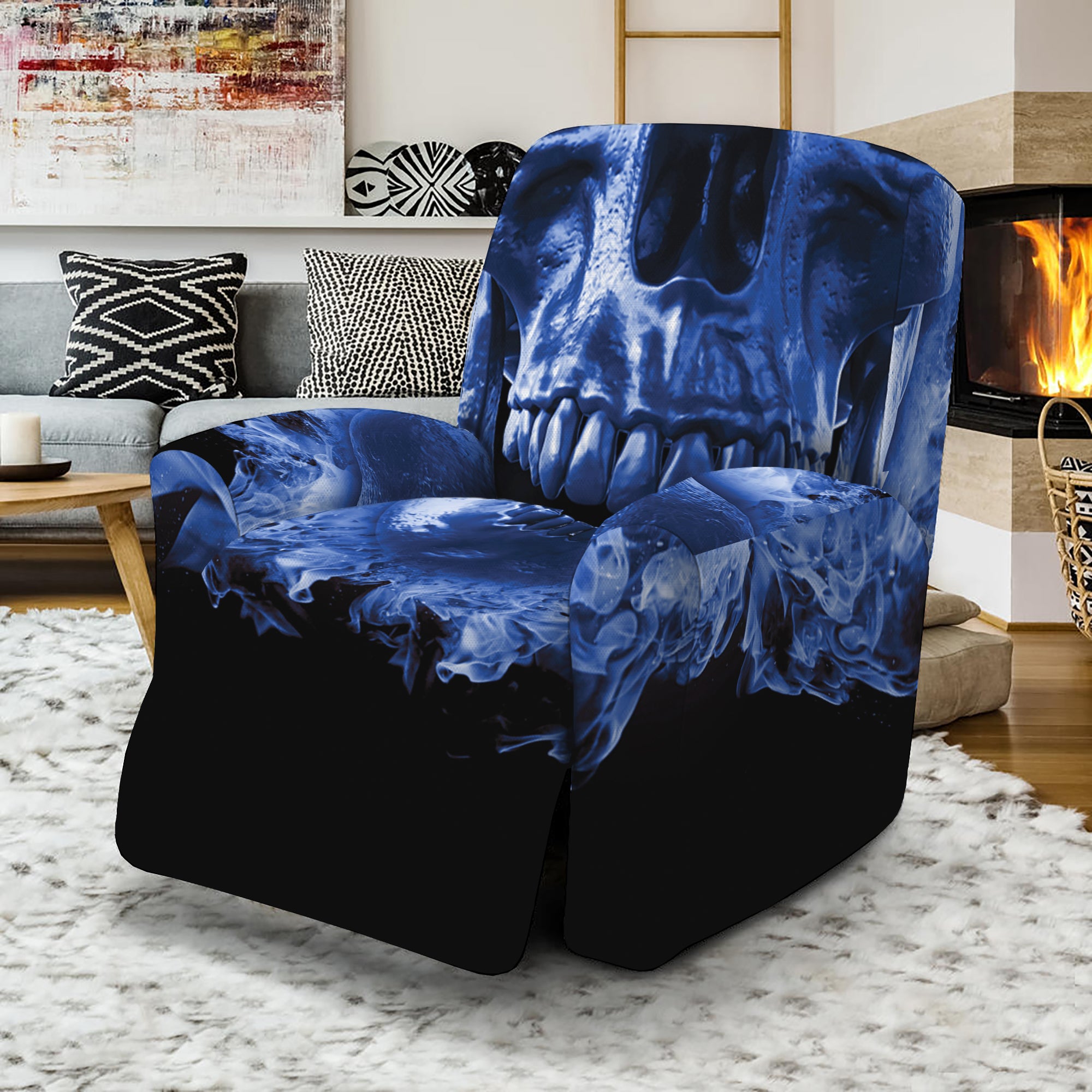 Blue Flaming Skull Print Recliner Slipcover