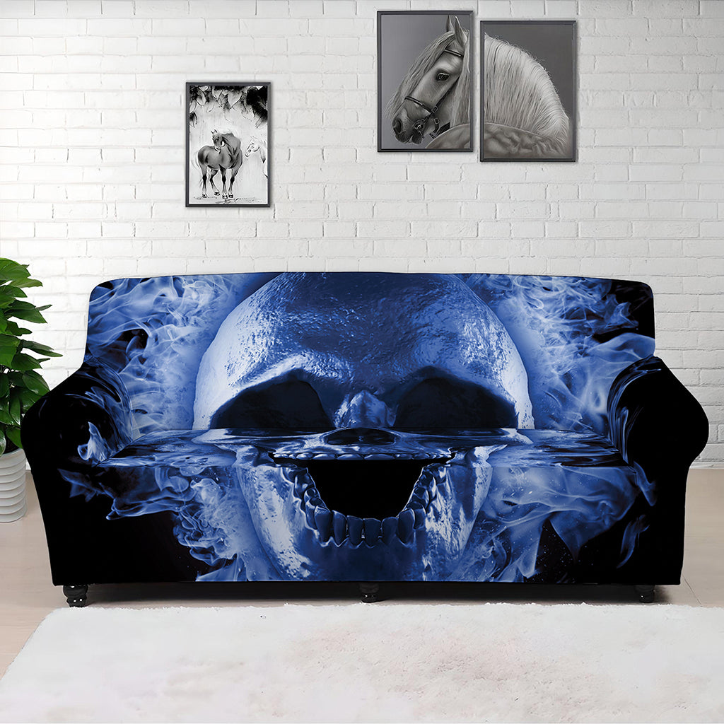 Blue Flaming Skull Print Sofa Cover
