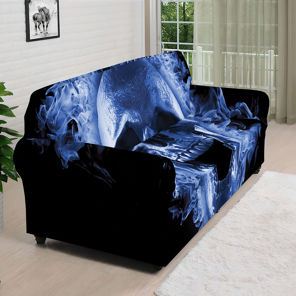 Blue Flaming Skull Print Sofa Cover
