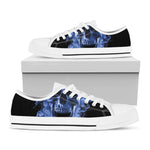 Blue Flaming Skull Print White Low Top Shoes