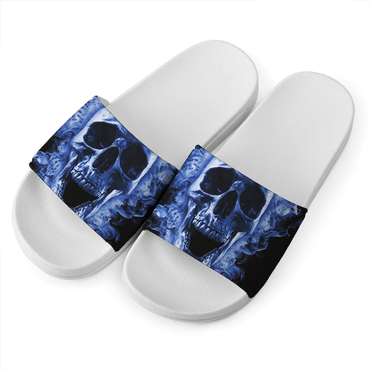 Blue Flaming Skull Print White Slide Sandals