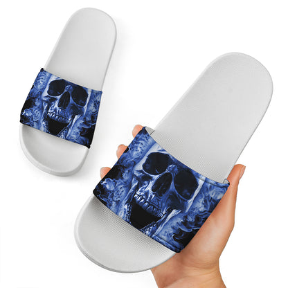 Blue Flaming Skull Print White Slide Sandals
