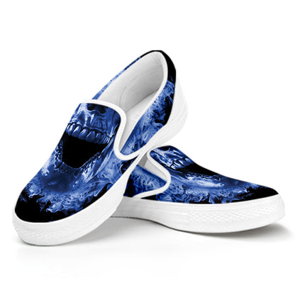 Blue Flaming Skull Print White Slip On Shoes