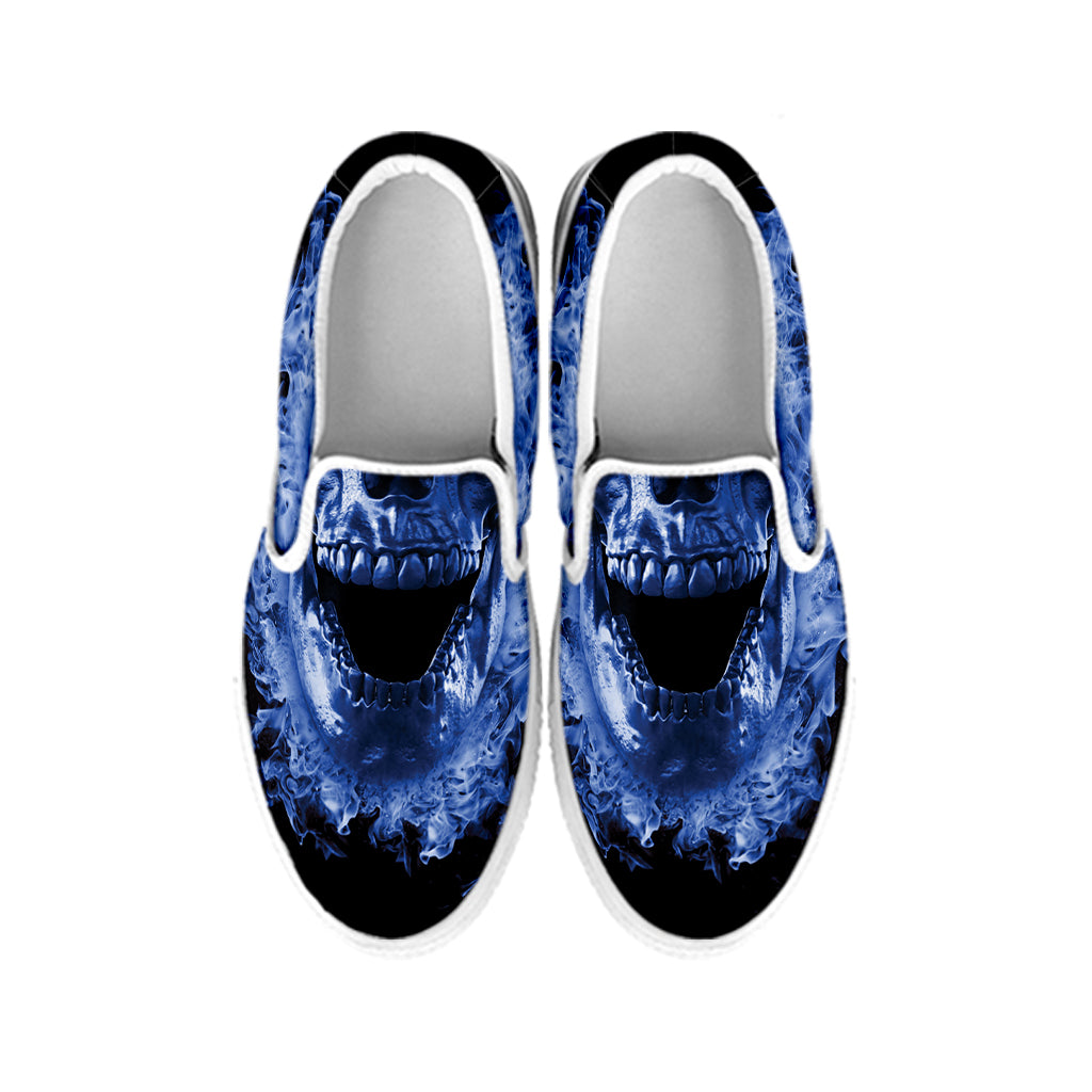 Blue Flaming Skull Print White Slip On Shoes