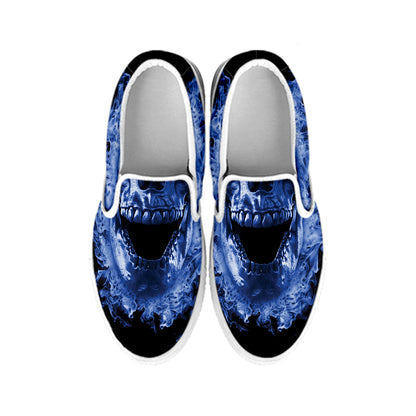 Blue Flaming Skull Print White Slip On Shoes