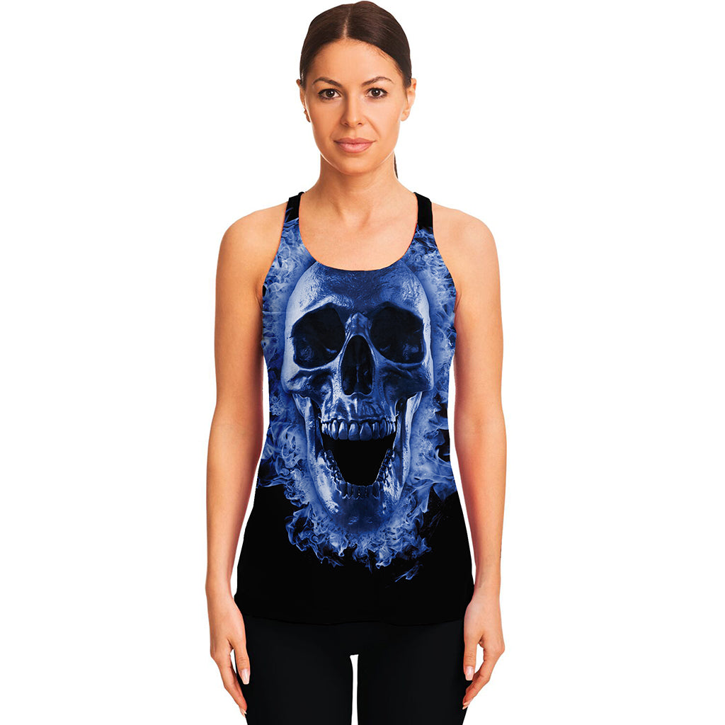 Blue Flaming Skull Print Women's Racerback Tank Top