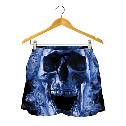 Blue Flaming Skull Print Women's Shorts