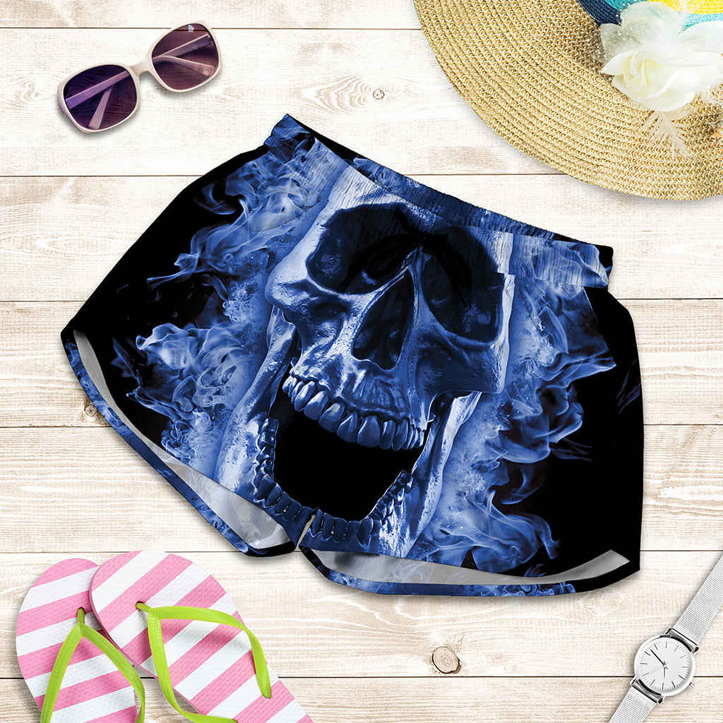 Blue Flaming Skull Print Women's Shorts