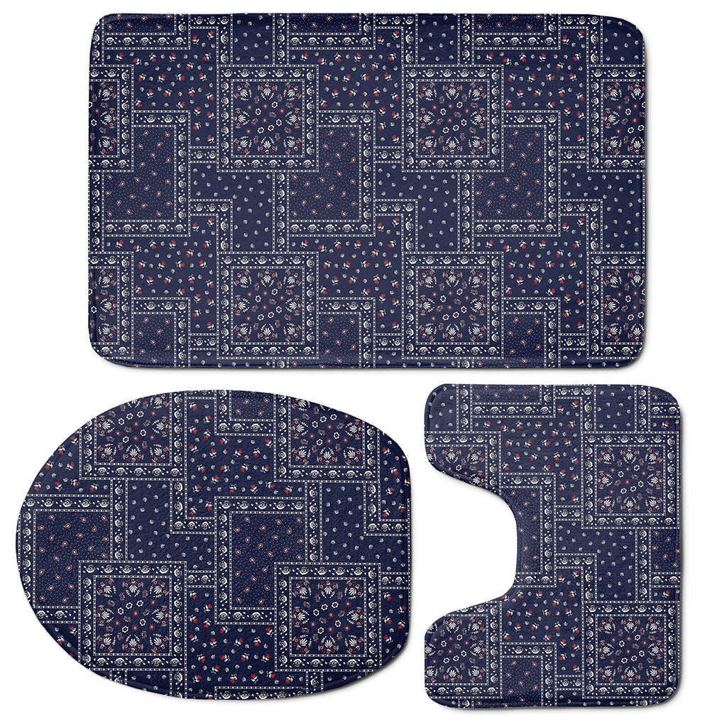 Blue Floral Patchwork Pattern Print 3 Piece Bath Mat Set