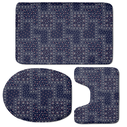 Blue Floral Patchwork Pattern Print 3 Piece Bath Mat Set