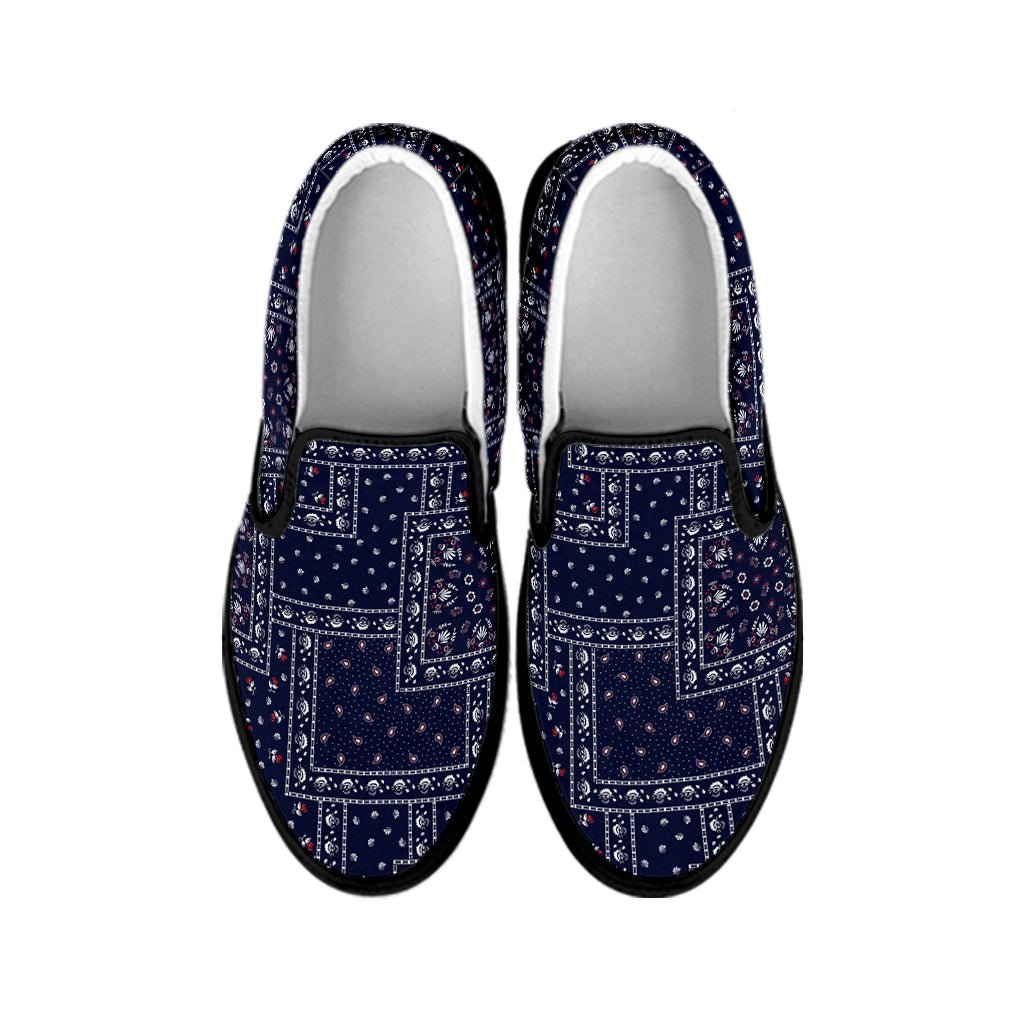 Blue Floral Patchwork Pattern Print Black Slip On Shoes