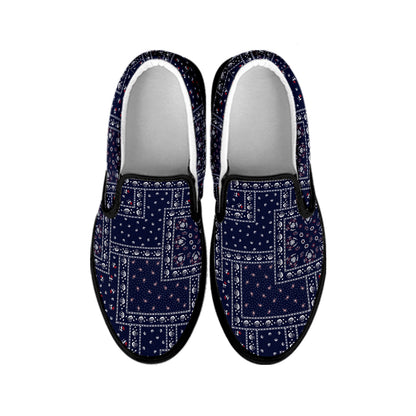 Blue Floral Patchwork Pattern Print Black Slip On Shoes