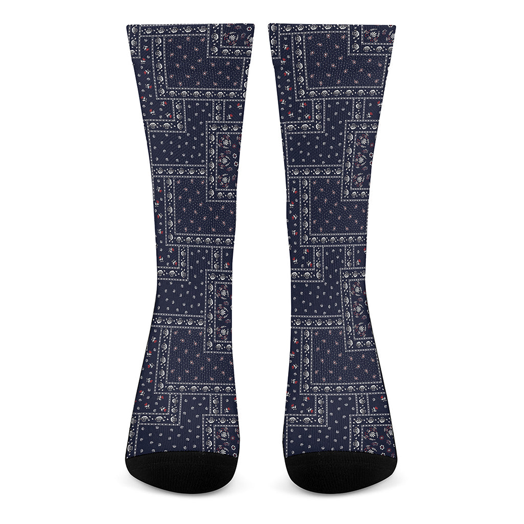 Blue Floral Patchwork Pattern Print Crew Socks